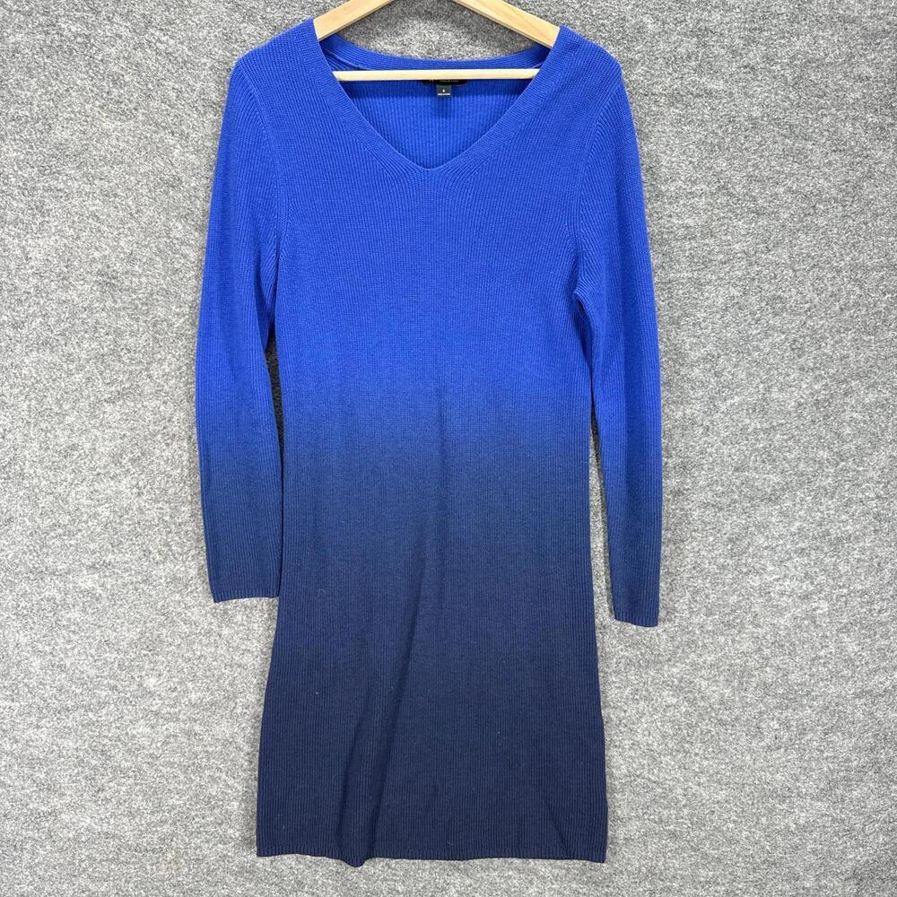 Halston Dress Women S Small Blue Ombre Shift Midi V-Neck Long Sleeve Cotton